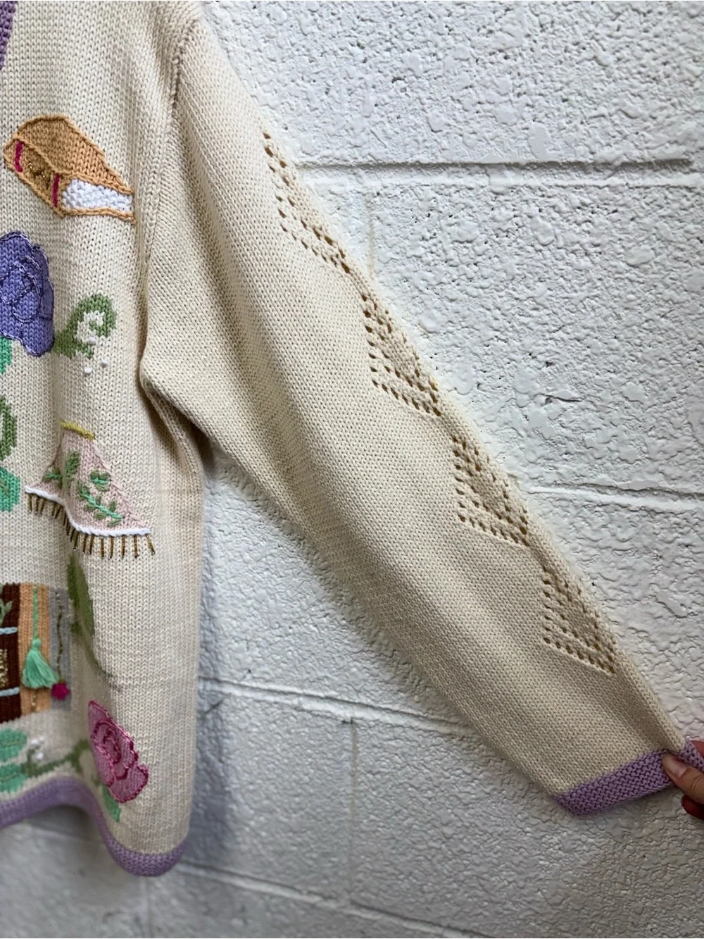Vintage Storybook Knits Cream Reading Cardigan with Lavender Trim